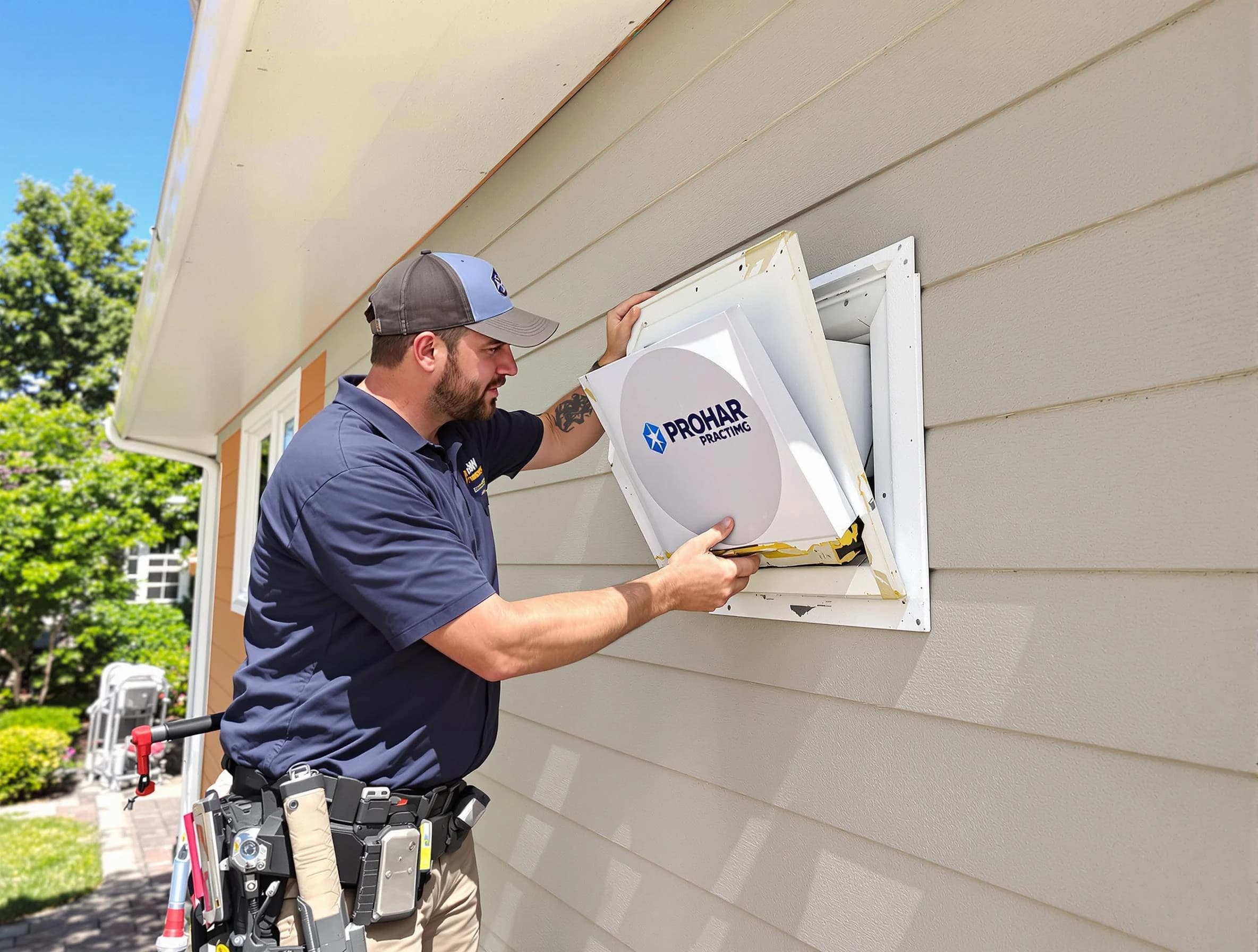 Acworth Dryer Vent Cleaning technician installing a new protective dryer vent cover on a home in Acworth