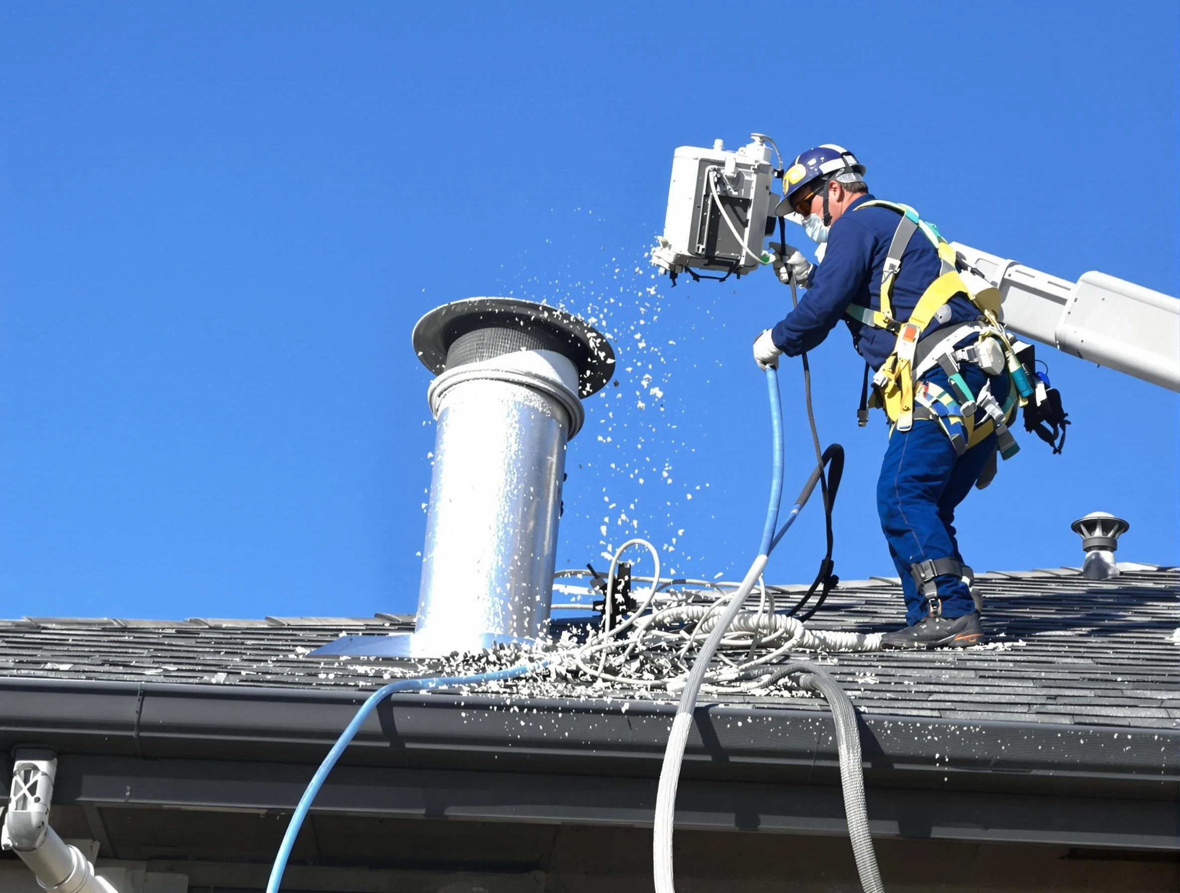 Acworth Dryer Vent Cleaning certified technician safely cleaning a roof-mounted dryer vent in Acworth