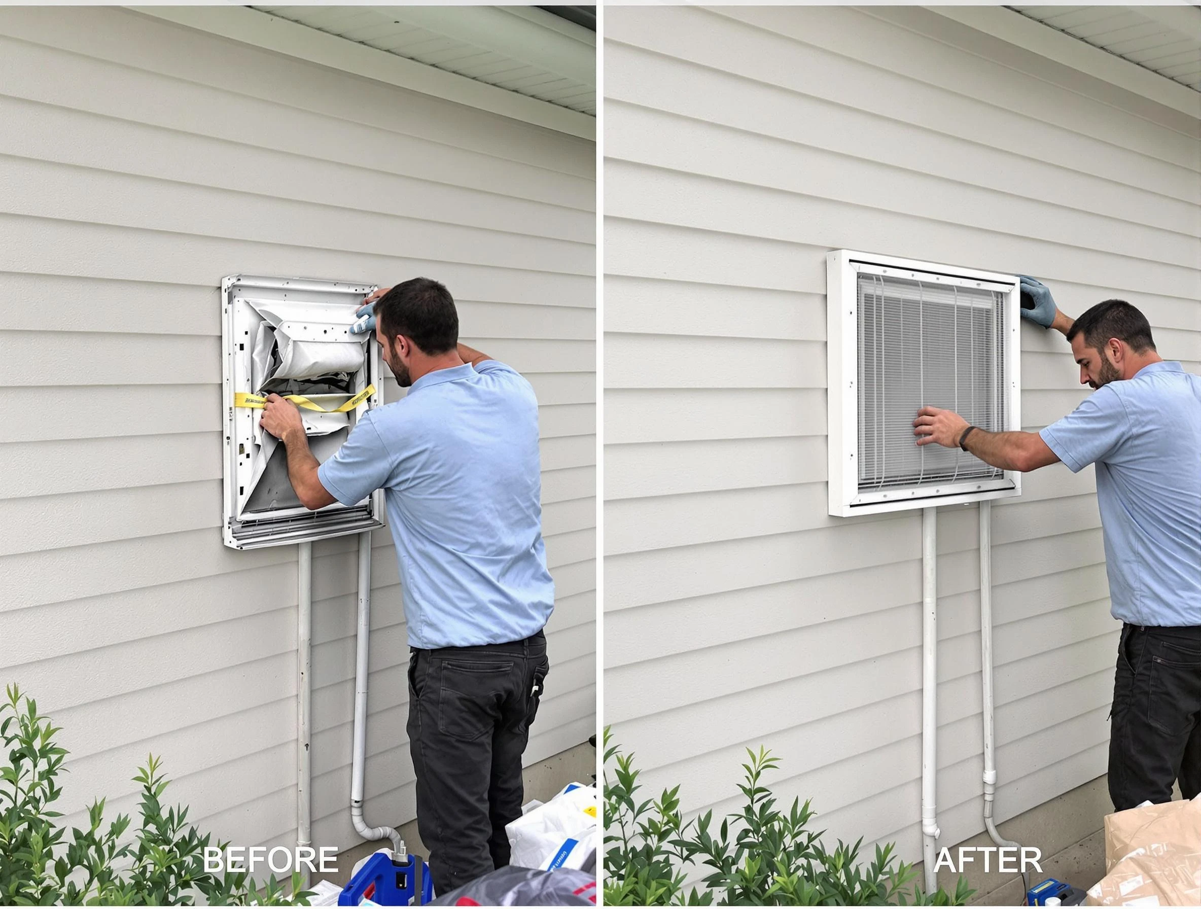 Acworth Dryer Vent Cleaning technician installing high-quality dryer vent cover at a residential property in Acworth